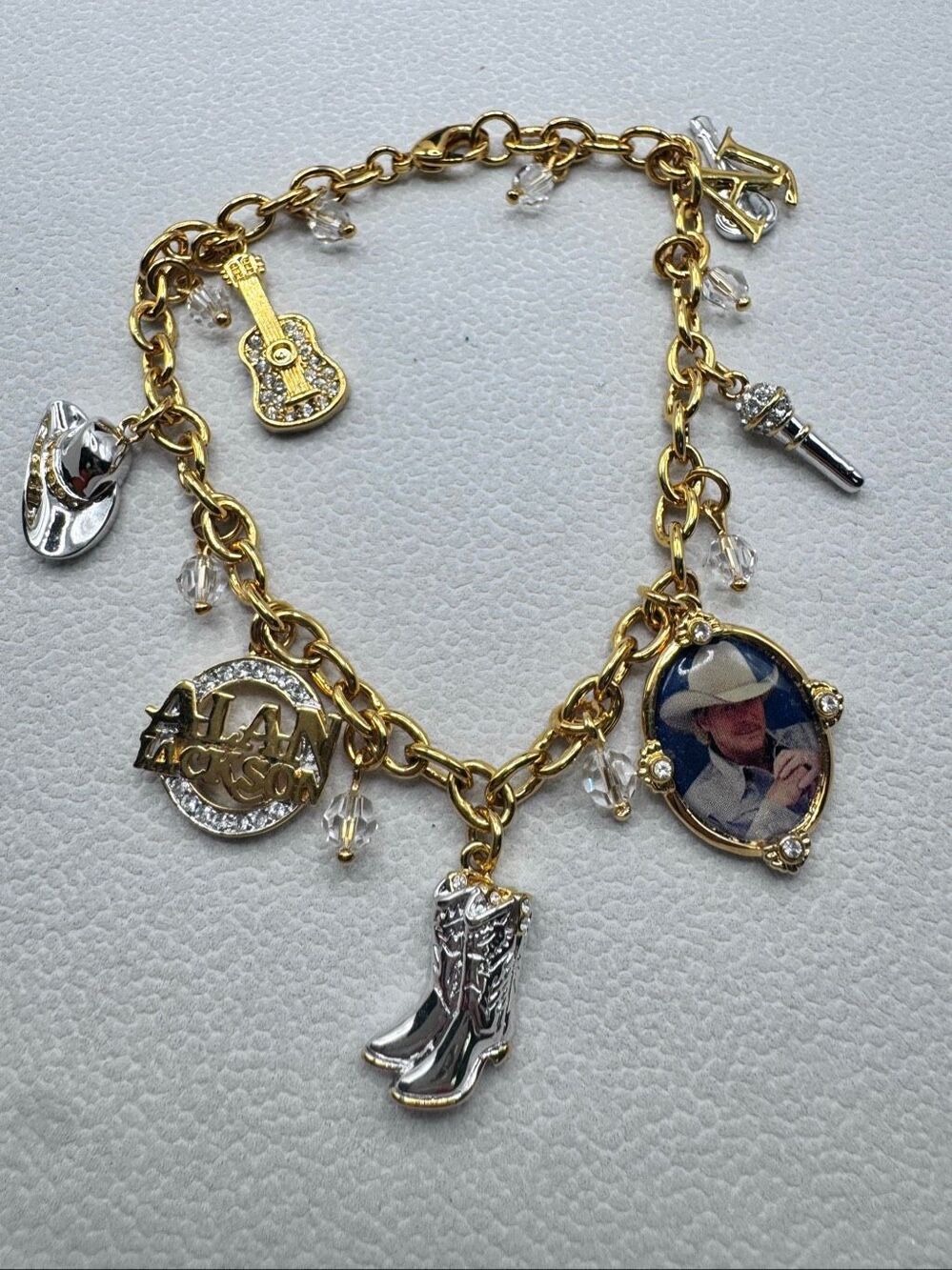Alan Jackson Tribute 24K Gold Plated Swarovski Crystal Charm Bracelet Size 8
